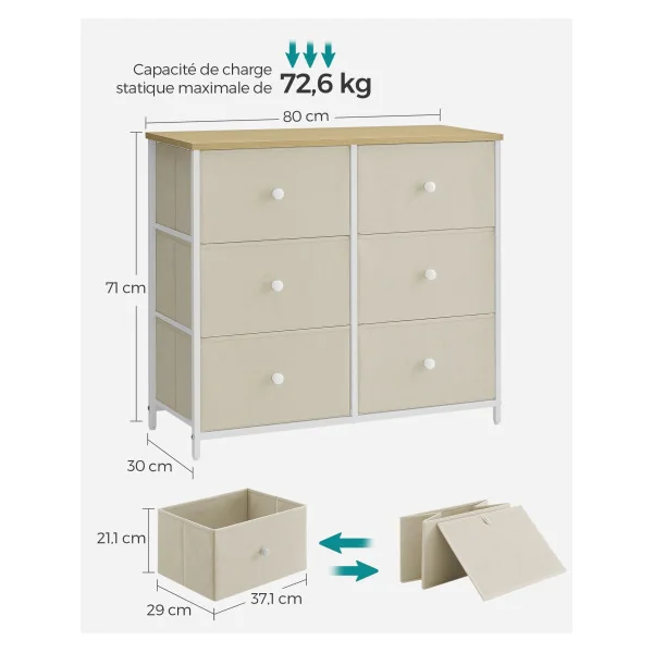 Commode 6 Tiroirs en Tissu Blanc Crème Meuble de Rangement Cadre en Acier Blanc