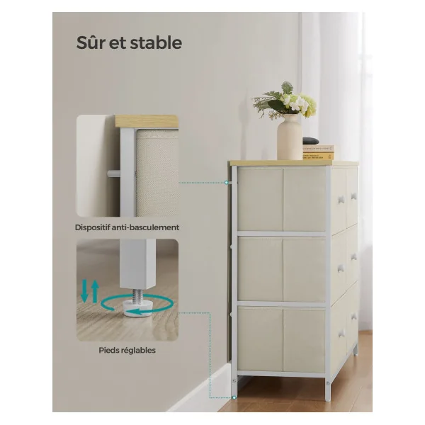 Commode 6 Tiroirs en Tissu Blanc Crème Meuble de Rangement Cadre en Acier Blanc