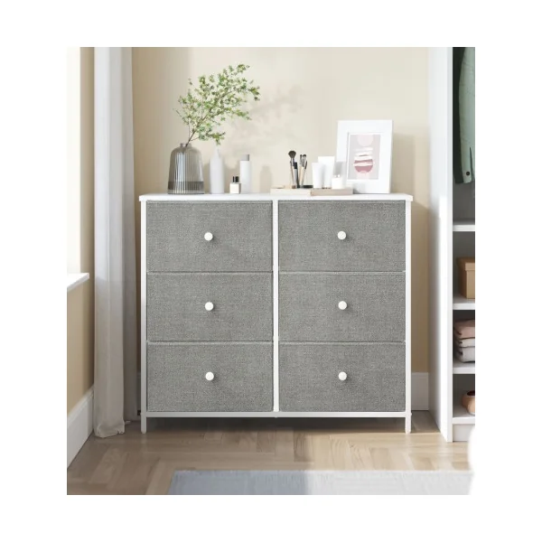 Commode 6 Tiroirs Tissu Blanc Gris Clair Structure en Métal Meuble Rangement Chambre Salon