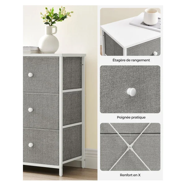 Commode 6 Tiroirs Tissu Blanc Gris Clair Structure en Métal Meuble Rangement Chambre Salon