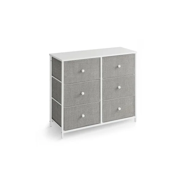 Commode 6 Tiroirs Tissu Blanc Gris Clair Structure en Métal Meuble Rangement Chambre Salon