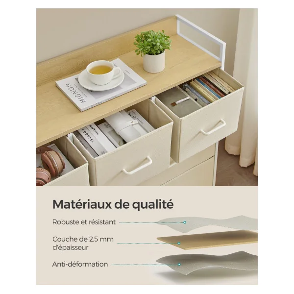 Commode 7 Tiroirs en Tissu Meuble de Rangement avec Poignées Blanc Crème et Beige Chêne
