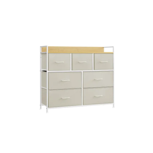 Commode 7 Tiroirs en Tissu Meuble de Rangement avec Poignées Blanc Crème et Beige Chêne