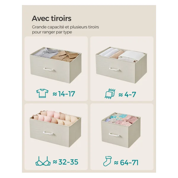 Commode 7 Tiroirs en Tissu Meuble de Rangement avec Poignées Blanc Crème et Beige Chêne