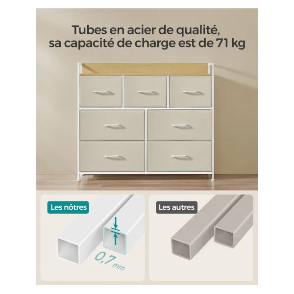 Commode 7 Tiroirs en Tissu Meuble de Rangement avec Poignées Blanc Crème et Beige Chêne