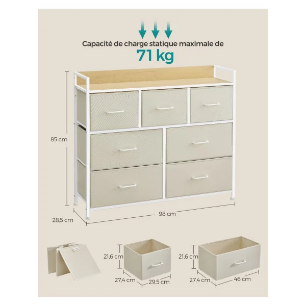 Commode 7 Tiroirs en Tissu Meuble de Rangement avec Poignées Blanc Crème et Beige Chêne