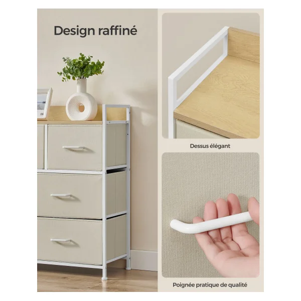 Commode 7 Tiroirs en Tissu Meuble de Rangement avec Poignées Blanc Crème et Beige Chêne