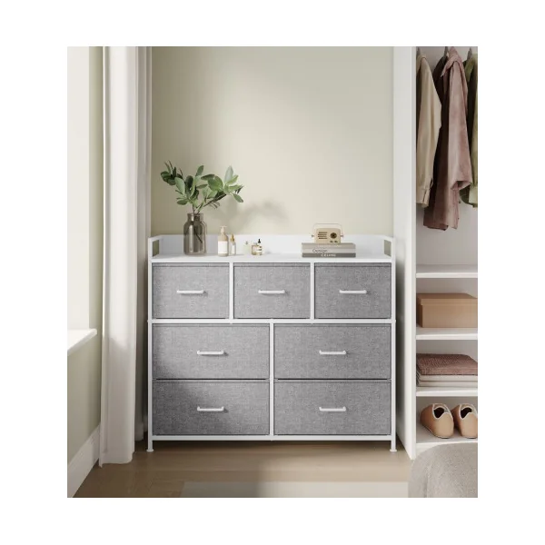 Commode 7 Tiroirs en Tissu Meuble de Rangement avec Poignées Gris Tourterelle et Blanc Nuage