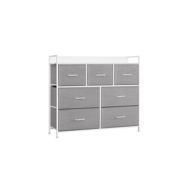 Commode 7 Tiroirs en Tissu Meuble de Rangement avec Poignées Gris Tourterelle et Blanc Nuage
