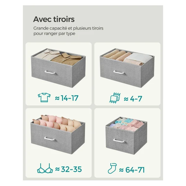 Commode 7 Tiroirs en Tissu Meuble de Rangement avec Poignées Gris Tourterelle et Blanc Nuage