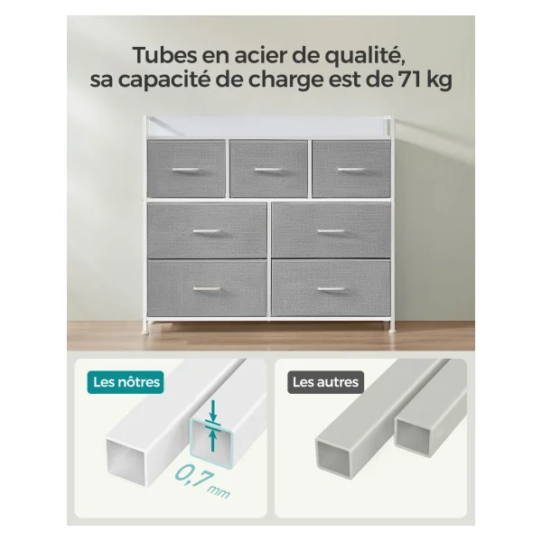 Commode 7 Tiroirs en Tissu Meuble de Rangement avec Poignées Gris Tourterelle et Blanc Nuage