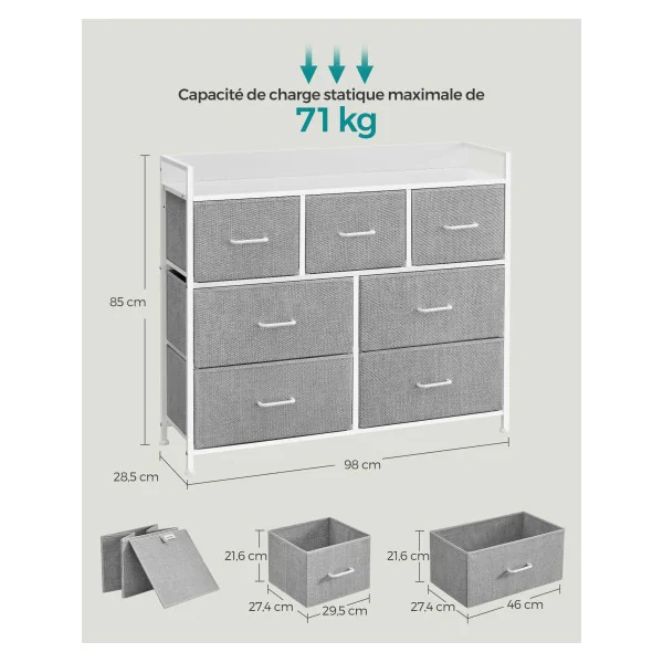 Commode 7 Tiroirs en Tissu Meuble de Rangement avec Poignées Gris Tourterelle et Blanc Nuage
