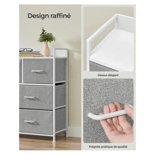 Commode 7 Tiroirs en Tissu Meuble de Rangement avec Poignées Gris Tourterelle et Blanc Nuage