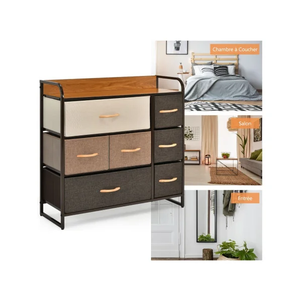 Commode 7 Tiroirs en Tissu Structure en Acier Robuste Meuble de Rangement Salon Chambre