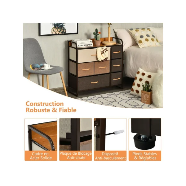 Commode 7 Tiroirs en Tissu Structure en Acier Robuste Meuble de Rangement Salon Chambre