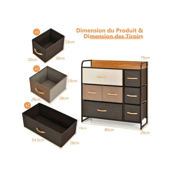 Commode 7 Tiroirs en Tissu Structure en Acier Robuste Meuble de Rangement Salon Chambre