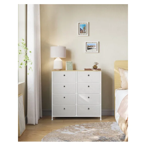 Commode 8 Tiroirs Tissu Blanc Crème et Chêne Structure en Métal Meuble Rangement Chambre Salon