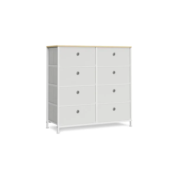 Commode 8 Tiroirs Tissu Blanc Crème et Chêne Structure en Métal Meuble Rangement Chambre Salon
