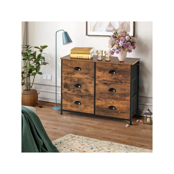 Commode avec 6 Tiroirs Meuble de Rangement Marron Rustique et Noir