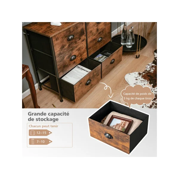 Commode avec 6 Tiroirs Meuble de Rangement Marron Rustique et Noir