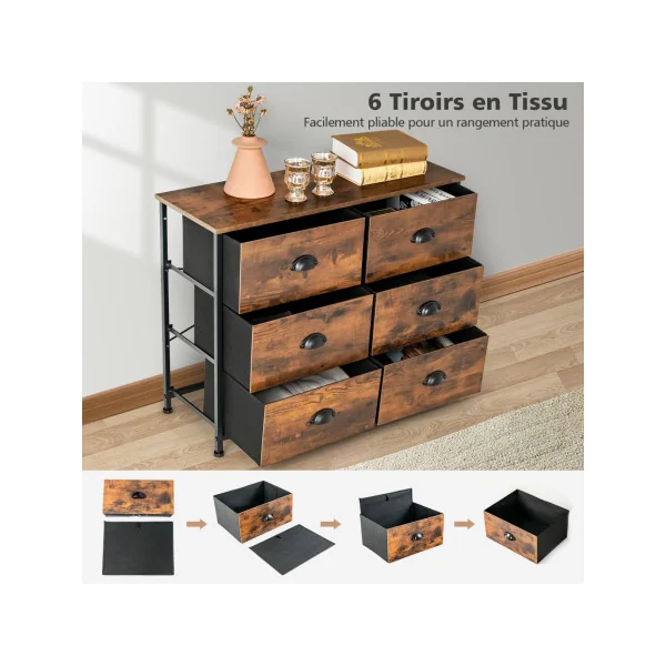 Commode avec 6 Tiroirs Meuble de Rangement Marron Rustique et Noir