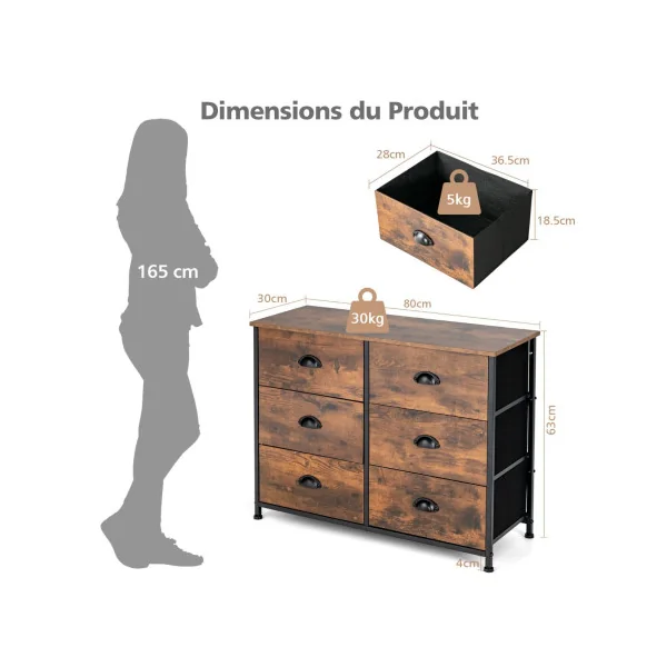 Commode avec 6 Tiroirs Meuble de Rangement Marron Rustique et Noir