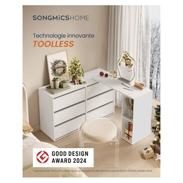 Commode avec Etagère Blanc Neige Meuble de Rangement Bureau de Travail Coiffeuse Femme