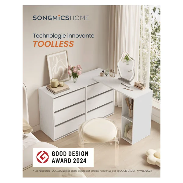 Commode avec Etagère Blanc Neige Meuble de Rangement Bureau de Travail Coiffeuse Femme