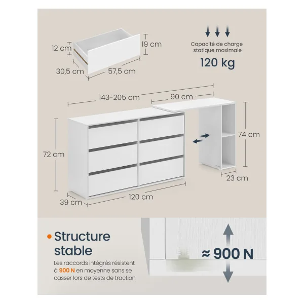 Commode avec Etagère Blanc Neige Meuble de Rangement Bureau de Travail Coiffeuse Femme