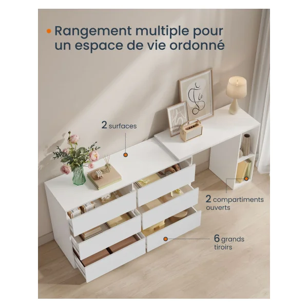 Commode avec Etagère Blanc Neige Meuble de Rangement Bureau de Travail Coiffeuse Femme