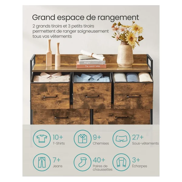 Commode Chambre 5 Tiroirs Marron Rustique et Noir en Tissu avec Poignées Meuble de Rangement Salon