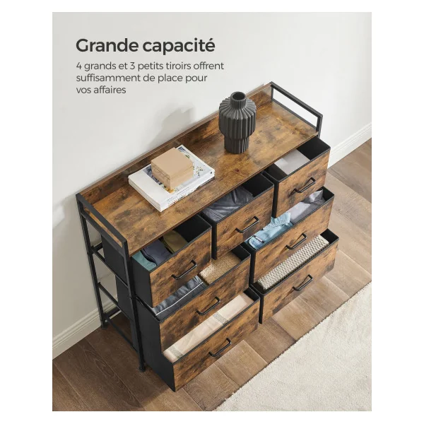Commode de Rangement 7 Tiroirs Marron Rustique et Noir Meuble de Rangement 3 niveaux