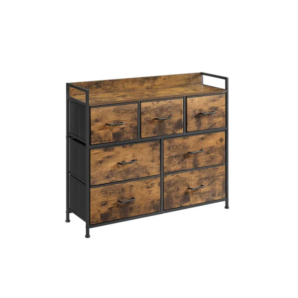 Commode de Rangement 7 Tiroirs Marron Rustique et Noir Meuble de Rangement 3 niveaux