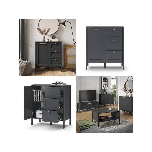 Commode Grise 80 cm 2 Tiroirs 1 Placard Meuble de Rangement Chambre Salon Salle à Manger