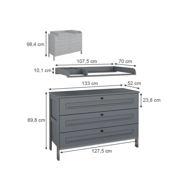 Commode à Langer Grise 3 Tiroirs Table Langer Gris Plan à Langer Amovible