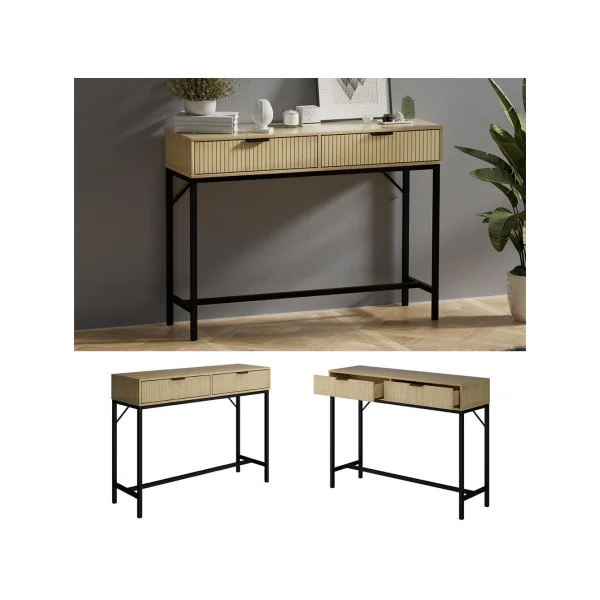 Console 2 Tiroirs Chêne Graphique Pied Métal Noir Meuble d'Entrée Meuble Couloir Moderne