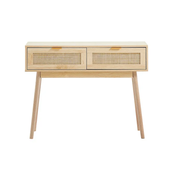 Console Chêne et Rotin Naturel 2 tiroirs Table d'Entrée Couloir Séjour Chambre