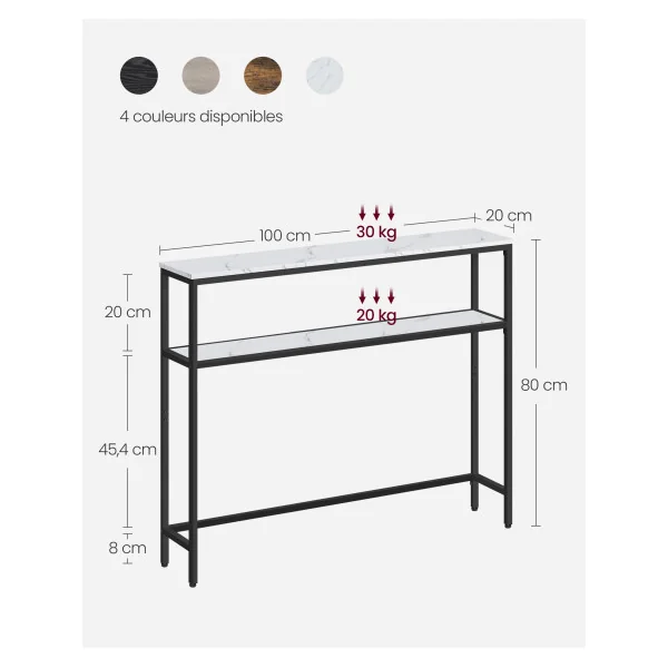 Console d'Entrée 100 x 20 x 80 cm Blanc Marbré et Noir Table d'Entrée ou Couloir