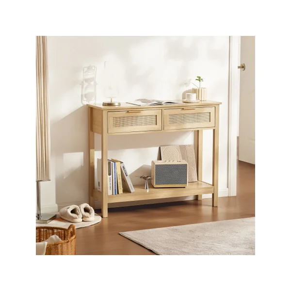 Console en Rotin Naturel avec Etagère 2 tiroirs Table d'Entrée Couloir Séjour Chambre