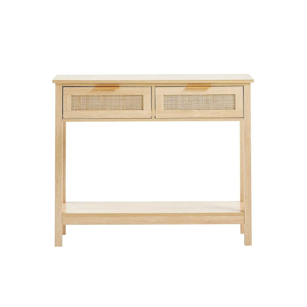 Console en Rotin Naturel avec Etagère 2 tiroirs Table d'Entrée Couloir Séjour Chambre