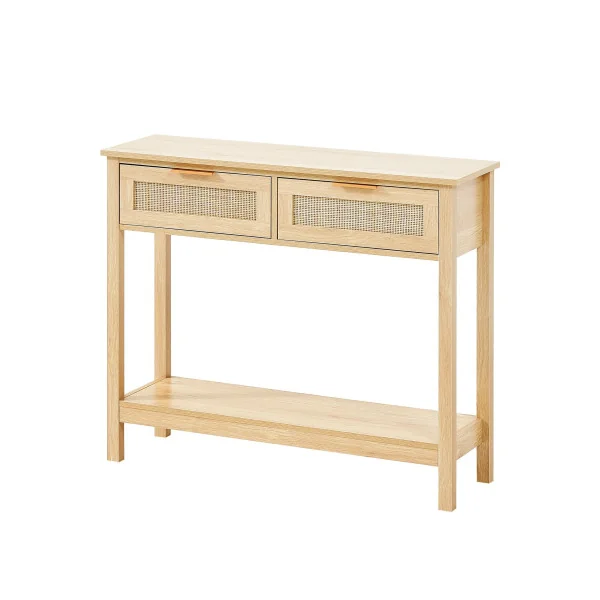 Console en Rotin Naturel avec Etagère 2 tiroirs Table d'Entrée Couloir Séjour Chambre