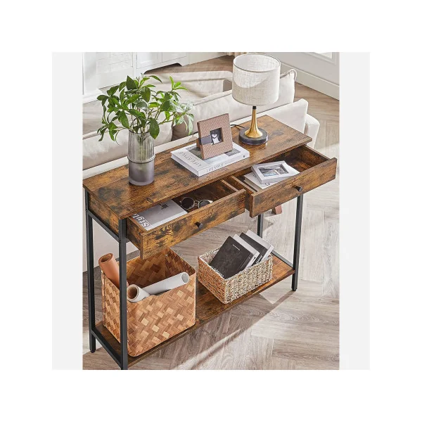 Console Industrielle Console 2 Tiroirs Métal et Marron Rustique Table d'Entrée