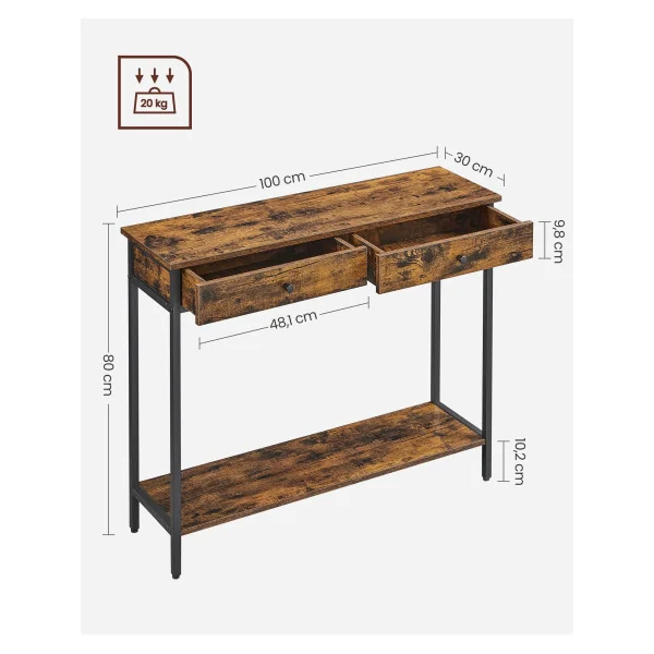 Console Industrielle Console 2 Tiroirs Métal et Marron Rustique Table d'Entrée