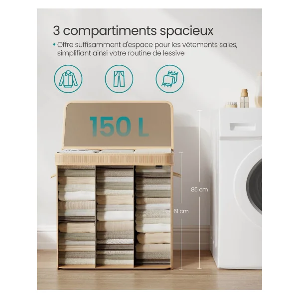 Corbeille Linge en Bambou 150 L Panier à Linge en Bambou avec Couvercle