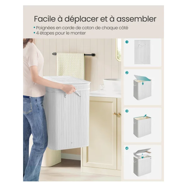 Corbeille Linge en Bambou Blanc 150 L Panier à Linge en Bambou avec Couvercle