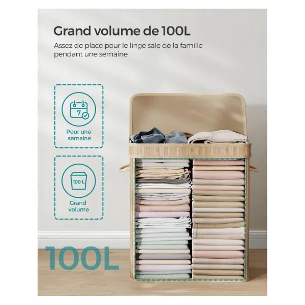 Corbeille Linge Sale en Bambou 100 L Panier à Linge Sale avec Couvercle