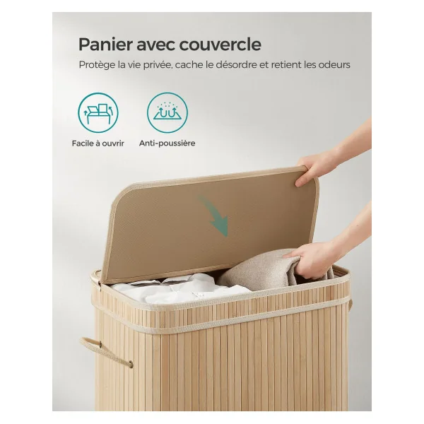 Corbeille Linge Sale en Bambou 100 L Panier à Linge Sale avec Couvercle