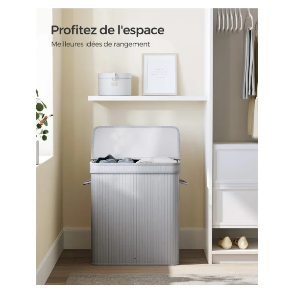 Corbeille Linge Sale en Bambou Gris 100 L Panier à Linge Sale avec Couvercle