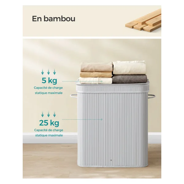 Corbeille Linge Sale en Bambou Gris 100 L Panier à Linge Sale avec Couvercle