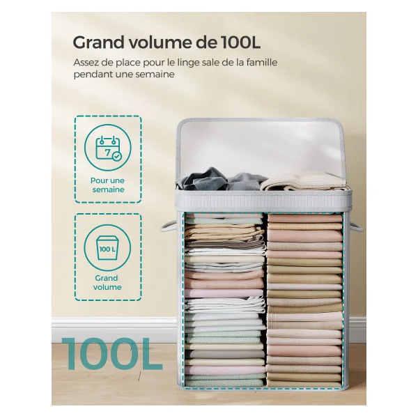 Corbeille Linge Sale en Bambou Gris 100 L Panier à Linge Sale avec Couvercle